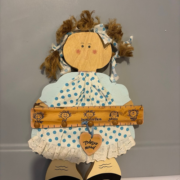 Vintage Wall Hanging Wooden Mood for the Day Girl Rag Doll - Picture 1 of 4